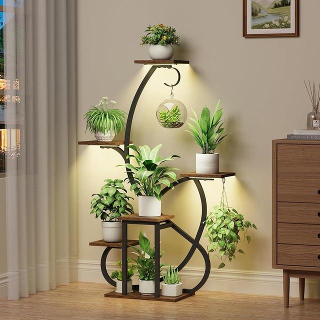 Plant Stand Indoor with Grow Lights, 6 Tiered Corner Plant Shelf , 47'' Plant Stands for Multiple Plants, Metal Curve Shaped Plant Holder Display Rack , Flower Stands for Living Room Patio Home Decor