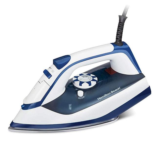 Hamilton Beach Iron & Steamer for Clothes with Smooth Press Stainless Steel Soleplate, 3-Way Auto Shutoff, 1500 Watts for High-Velocity Steam, 10’ Cord, Leak-Proof Anti-Drip, White (14650)