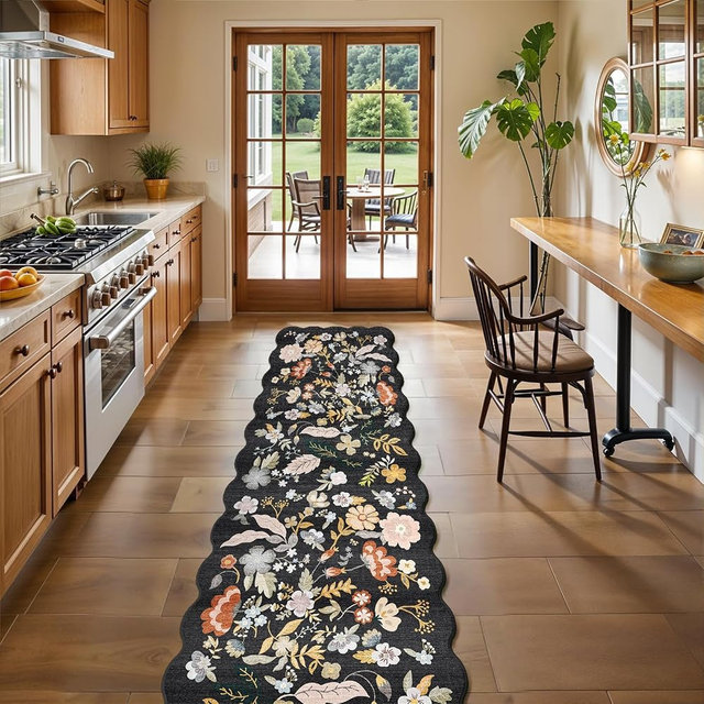 2x10 Scalloped Hallway Runner Rug: Non Slip Washable Floral Carpet Runner for Kitchen Entryway Bedroom Living Room, Boho Thin Long Floor Runner (Black, 2x10)