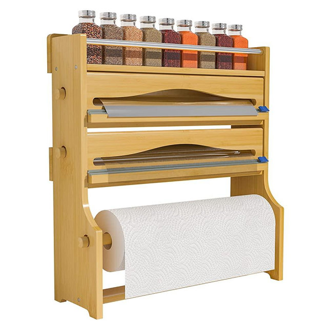 Foil Plastic Wrap Organizer Dispenser - Wall Mounted Paper Towel Holder & Spice Shelf, 4 in 1 Bamboo Kitchen 12" Roll Dispenser with Cutter