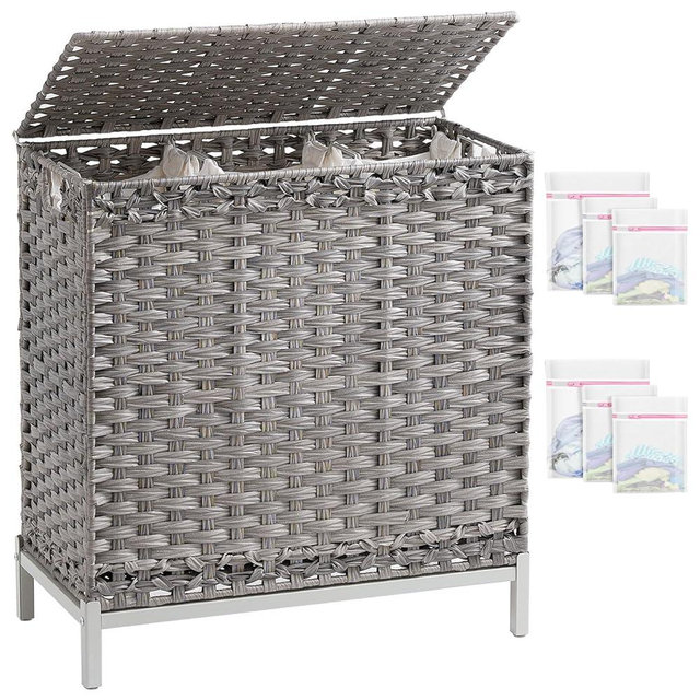 SETVSON Laundry Hamper with Lid 132 L, (35 Gallons) Clothes Hamper with Lid, Handwoven Rattan Laundry Hamper with Metal Heightened Feet, Laundry Hampers with 3 Removable Liner Bags for Laundry-Gray