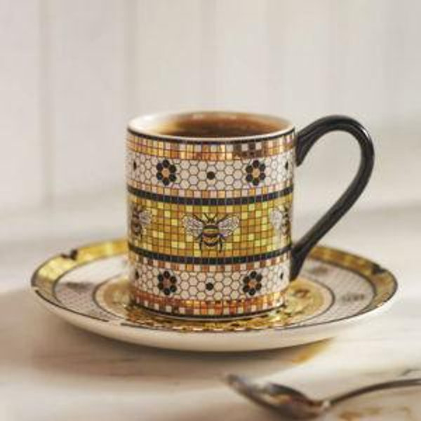 Bistro Tile Stoneware 24k Gold Accent Espresso Cup & Saucer: Garden Edition - Bee, One Size