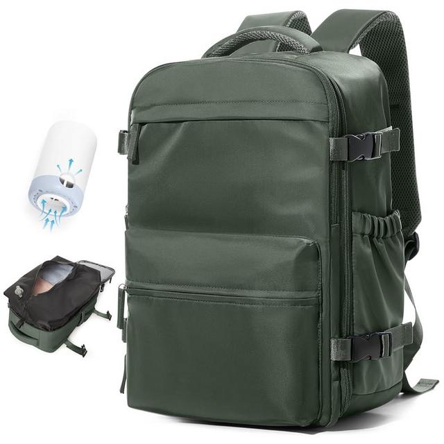 Small Vacuum Travel Backpack with Pump for Women,Airback Personal Item Carry on Backpacks Flight Approved 18x14x8 inches for Men,Laptop Waterproof Work Compression bags Casual Daypack,BrownGreen