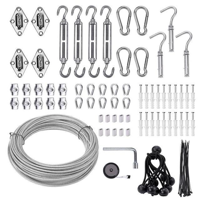 Unicaravan Shade Sail Hardware Kit 6 inch with 65.5FT 1/8" Wire Rope Kit for Triangle Rectangle Sun Shade Sail Outdoor Installation turnbuckles for Cables Wire for Outdoor,Garden,Kitchen,Craft,123PCS