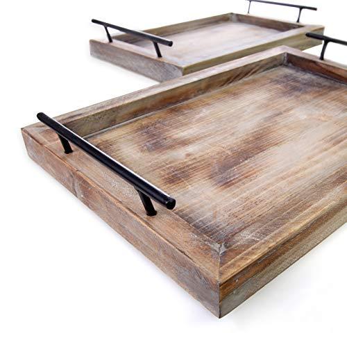 Bison Home Goods Wooden Serving Trays with Handles (2 Pc. Set) Rustic, Farmhouse Wood Butler Platters | Serve Breakfast, Appetizer, Coffee, Bar, and Food | Party or Display Use