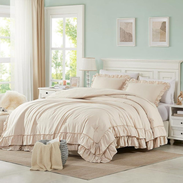 Cupocupa Beige Queen Comforter Set, 3Pcs Comforters Queen Size Ruffle Farmhouse Bedding Sets Queen with Comforter, Lightweight Soft Shabby Chic Bedding Comforter Set Fluffy for All Season
