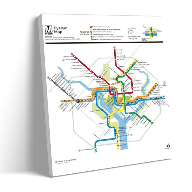 TYPTEK Washington DC Metro Subway Map Canvas Wall Art, Modern WMATA System Map Transit Map Print, Minimalist Office Living Room Decor, Framed and Ready to Hang, 16x20 Inch