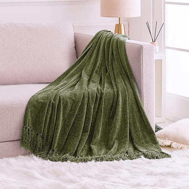 FRESHMINT Throw Blanket Soft Fluffy Chenille with Decorative Tassel Fringe for Home Decor Sofa Couch Bed Gift 80 x 60 Inch, Loden Green