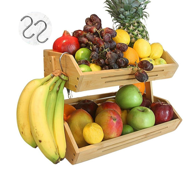 Adornify 2 Tier Bamboo Fruit Basket for Kitchen Counter with Banana Hanger Hooks, Wooden Fruit Holder for Kitchen Countertop, Vegetable Storage Stand for Fruit Shop
