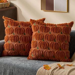 DFXSZ Fall Pillow Covers 18x18 Set of 2 Fall Decorations Rust Green Pumpkin Throw Pillow Cases Soft Plush Faux Fur Wool Couch Cushion Case for Chair Sofa Bedroom Living Room Home Decor PTK02J18