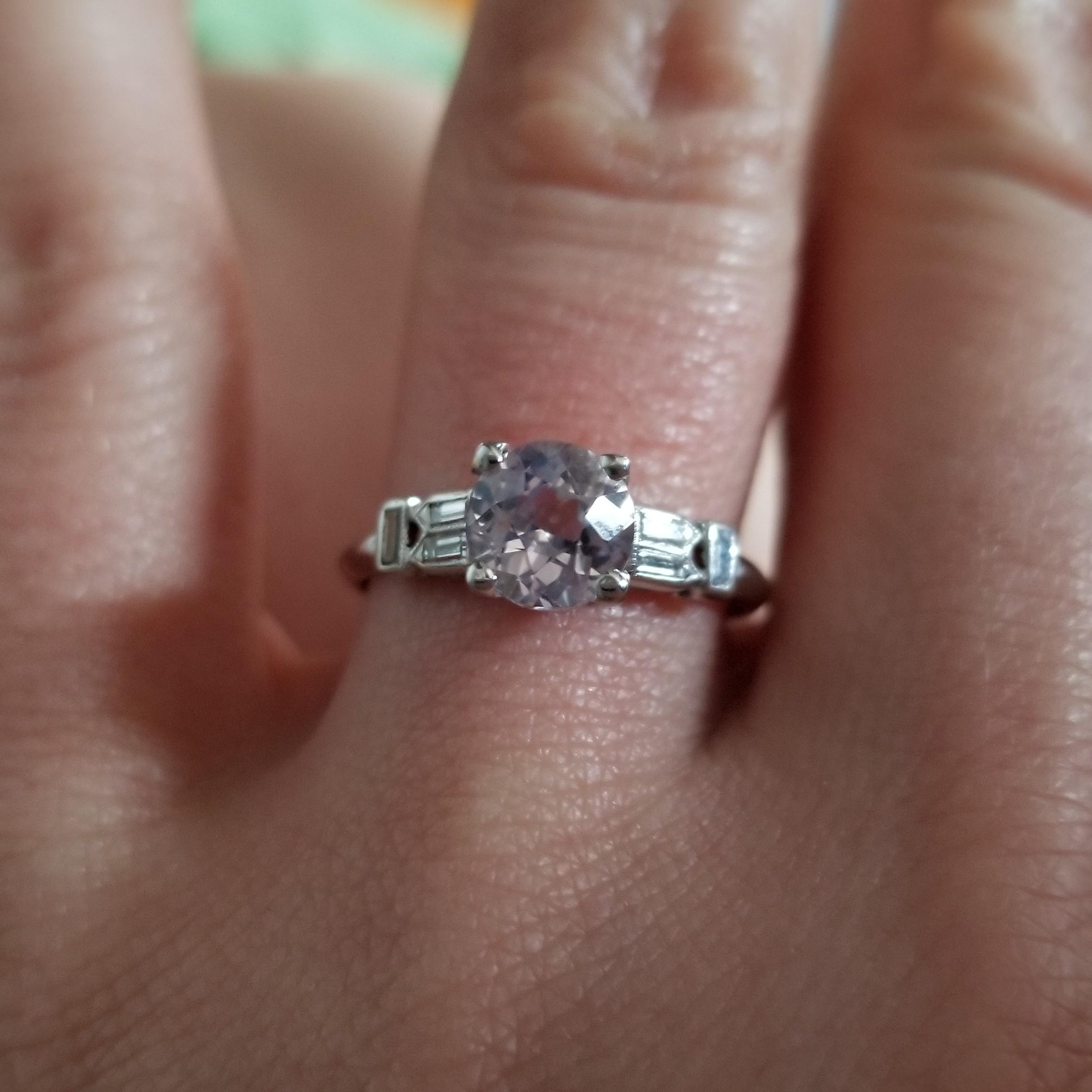 The Ring. Vintage 1930s engagement ring. Pale lavender center stone with 6 baguette diamonds