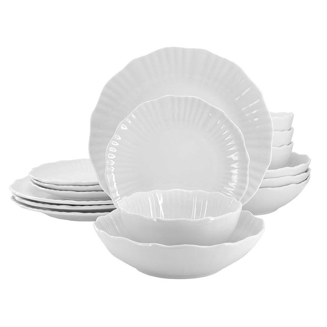 Elama Millie 16 Piece Scalloped Double Bowl Porcelain White Dinnerware Set, Serveware, Tableware, Bowls, Plate Set (Millie)