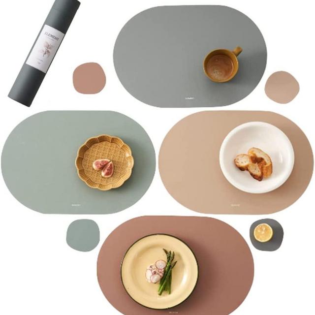 Generic Silicone Placemats, Set of 4, Non-Slip, Oil Proof, Water Proof, Heat Resistant, Stain Resistant, Easy to Clean, Leather Texture, Oval (Matt Combo + Coasters)