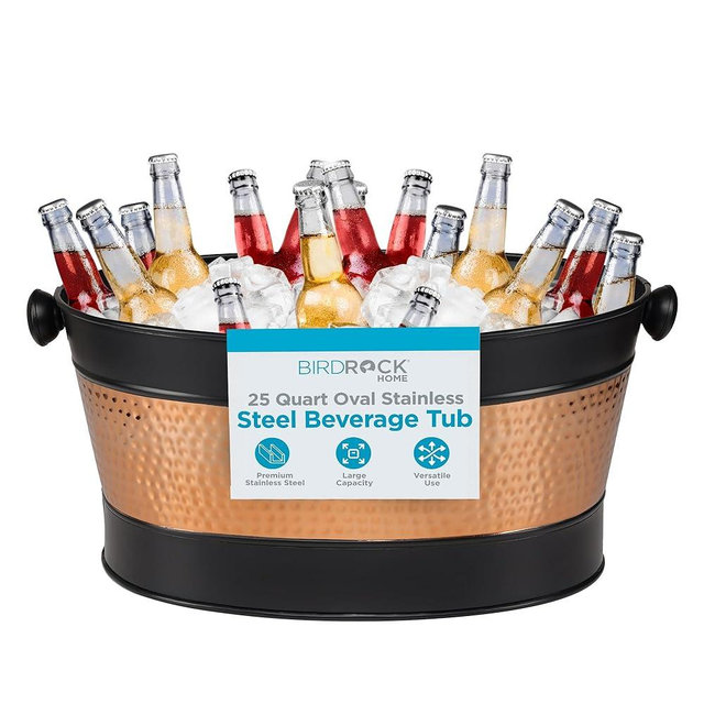 BIRDROCK HOME 25 Quart Oval Stainless Steel Beverage Tub with Removable Iron Liner - Black Finish with Copper Band, Large Capacity, Ideal for Home Entertaining, Events, and Parties