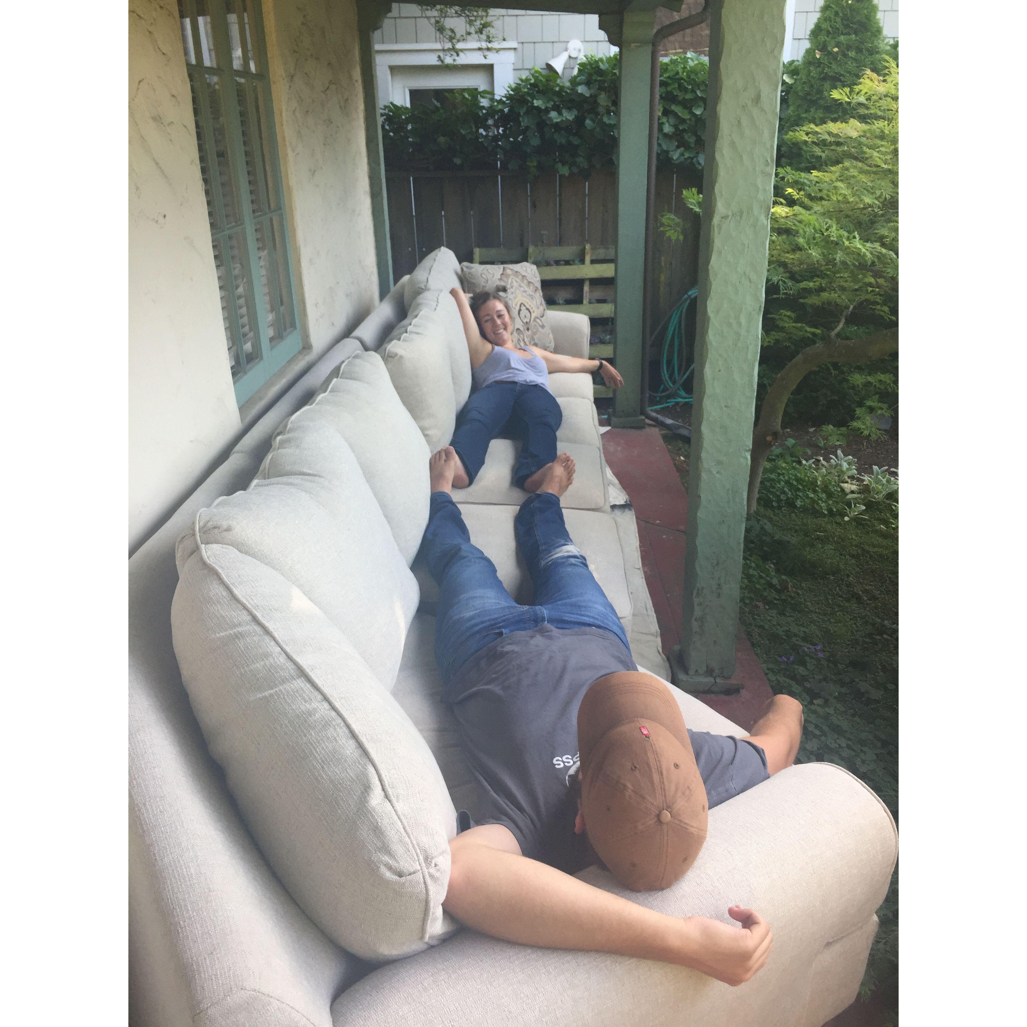 Our first couch, we had to test it out.