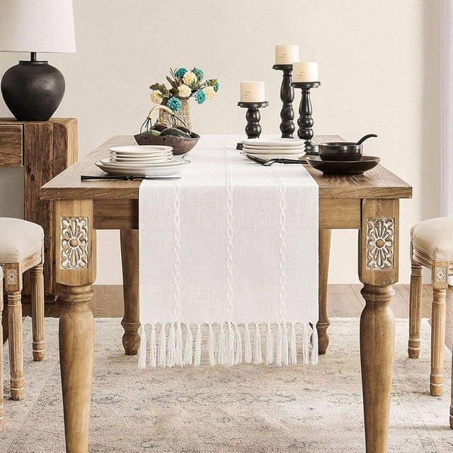 ZeeMart Farmhouse Table Runner, Rustic Table Runners 90 Inches Long, Linen Boho Table Runner, Braided Striped White Table Runner for Dining Party Holiday, 15x90 Inches, Braided Off White