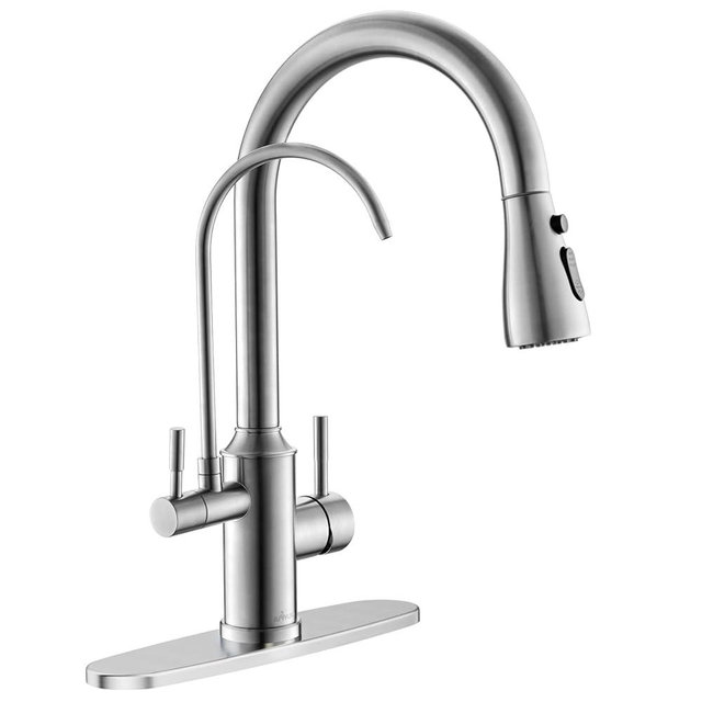 APPASO Kitchen Faucet with Water Filter, Pull Out 3 Way Sink Faucets with Sprayer, High Arch 2 Handle Faucet with Water Purifier - 3 in 1 Faucet Brushed Nickel (Without Water Filtration Device)