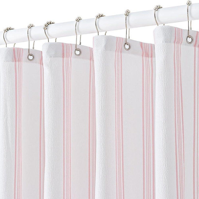 ORTIGIA Textured Fabric Shower Curtain-Pink Striped, 72x72 Inch Yarn Dyed Seersucker Structured Bathroom Curtain with 12 Metal Hooks, Pink and White Striped Shower Curtain for Farmhouse Bathrooms