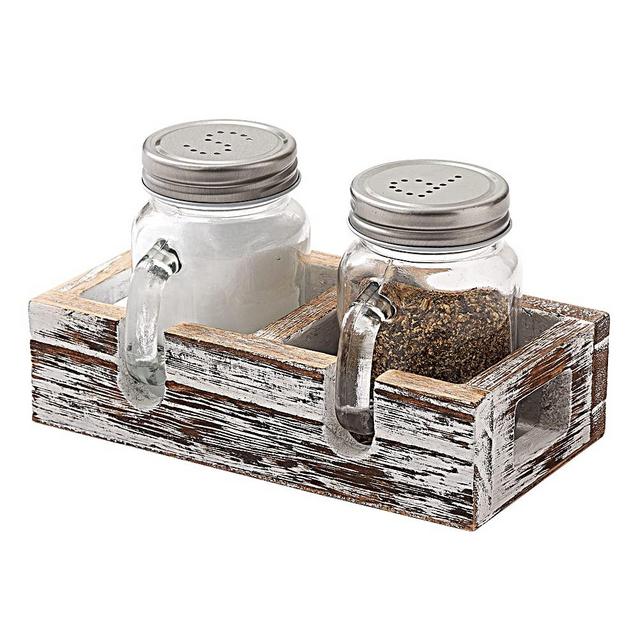 Glass Mason Jar Salt and Pepper Shaker Set with White Rustic Wooden Tray for Farmhouse Kitchen Table Countertop, Rustic Home Decor and Gifts