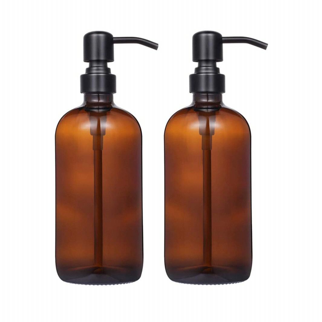 2 Pack Thick Amber Glass Pint Jar Soap Dispenser with Matte Black Stainless Steel Pump, 16ounce Boston Round Bottles Dispenser with Rustproof Pump for Essential Oil, Lotion Soap