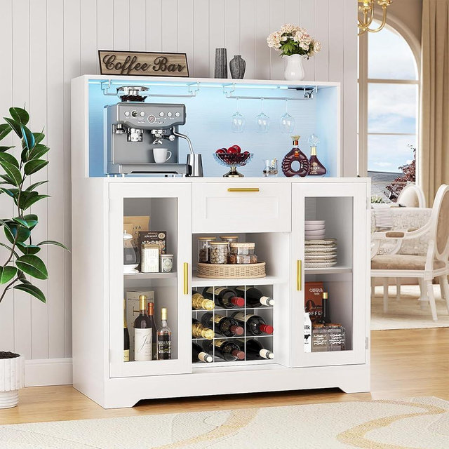 Unikito Wine Bar Cabinet with LED Light, Liquor Cabinet with Wine Rack and Glass Holder, Coffee Bar Cabinets with Drawer, Buffet Sideboard Table with Storage Shelves for Home Kitchen, White