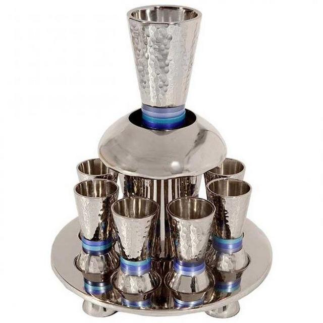 Blue Ringed Hammered Kiddush Fountain By Yair Emanuel