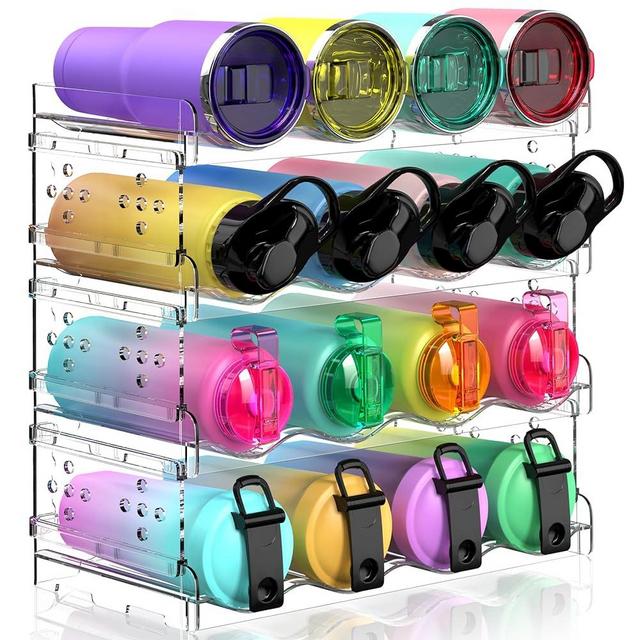 4 Tier Water Bottle Organizer - 16 Bottles, Stackable Cup Organizer for Cabinet, Countertop, Pantry & Fridge, Free-Standing Kitchen Tumbler Storage Holder for Wine and Drink Bottles, Clear Plastic