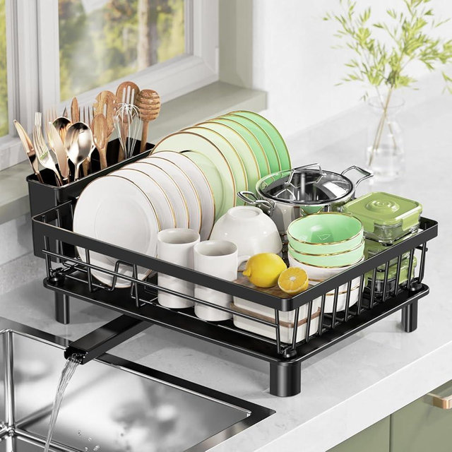 CosyPic Dish Drying Rack, Stainless Steel Drainer Rack with Drainboard with Smart Drainage System, Space Saving Dish Strainer for Kitchen Counter with Cutlery Holder, Black