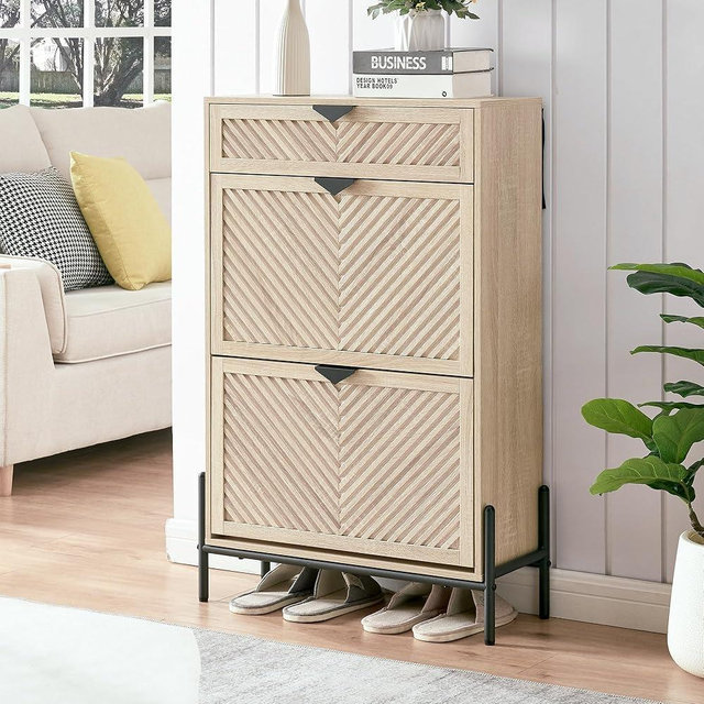 VIPLUMI Shoe Cabinet Storage with 2 Flip Drawers, Narrow Hidden Shoes Cabinet Organizer for Entryway, Freestanding Slim Shoe Rack Front Door Entrance(Oak)