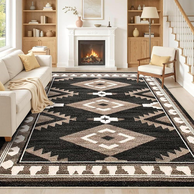 Tijuboni Western Rugs for Living Room Non Slip, Southwestern Area Rugs for Dining Room Kitchen Bedroom Nursery, Washable Rubber Backing, 8x10 Aztec Black-White-Brown
