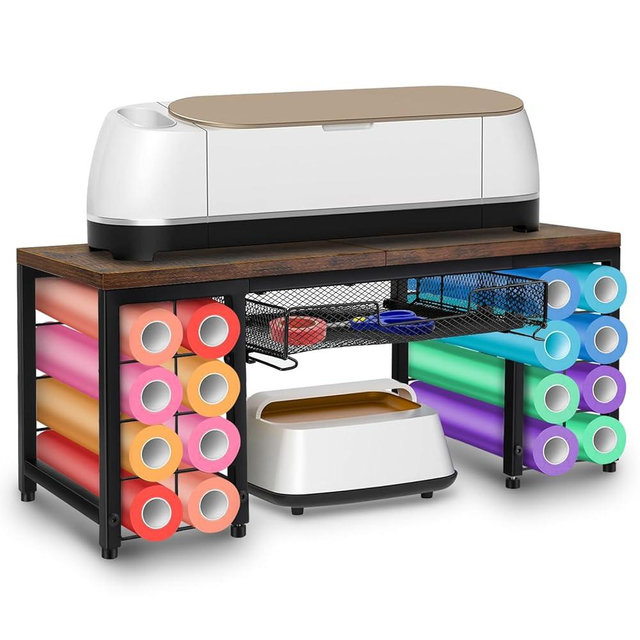 Craft Organizers and Storage with Cricut Machines, Cricut Organizer Stand with 16 Vinyl Roll Holders, Cricut Table Storage for Craft Room