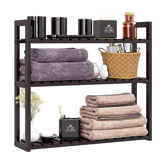 HOMFA Bamboo Bathroom Shelf 3-Tier Multifunctional Adjustable Layer Rack Wall Mounted Utility Storage Organizer Towel Shelves Kitchen Living Room Holder Dark Brown