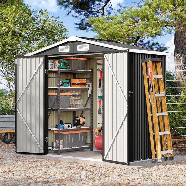 Breezestival 6x4FT Outdoor Storage Shed, Metal Garden Tool Shed with Sloping Roof & Lockable Door for Patio Lawn Backyard (Black, 6x4FT)