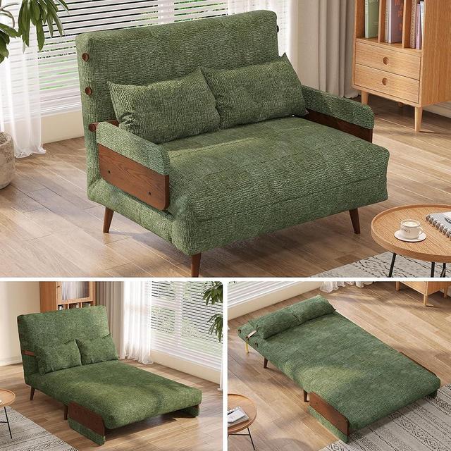 JASIWAY Convertible Sleeper Chair Bed for Adults, 3 in 1 Linen Convertable Futon Chair with Pillow, Fold Out Single Sleeper Couch Guest Bed for Small Spaces, Bedroom, Office, Modern Green, 36.6"