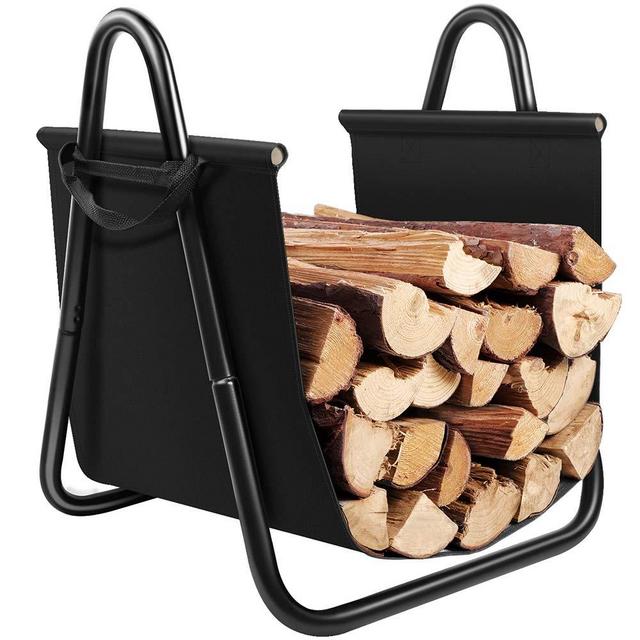 Amagabeli Fireplace Log Holder with Canvas Tote Carrier Indoor Fire Wood Rack Black Firewood Storage Holders Log Bin Heavy Duty Fire Logs Stacker Basket with Handles Kindling Wood Stove Accessories