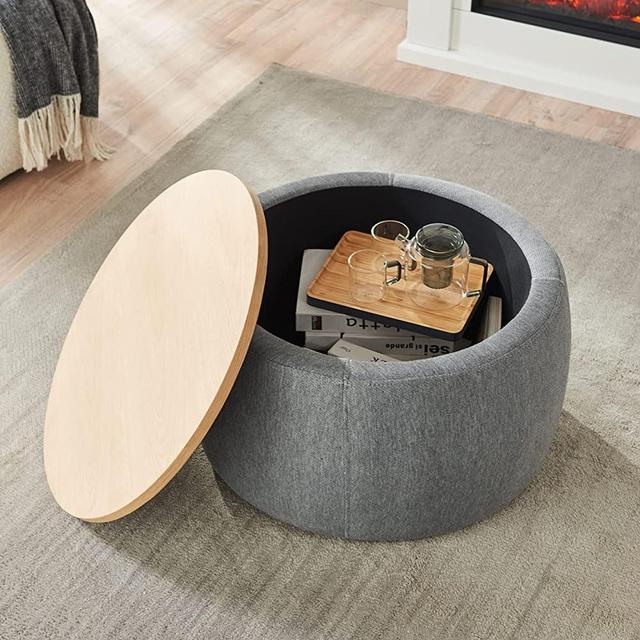 Kakotito Modern Round Storage Ottoman with Wooden Lid,Circle Ottoman Handmade Ottoman Coffee Table,End Table & Footstool for Living Room (Dark Gray)