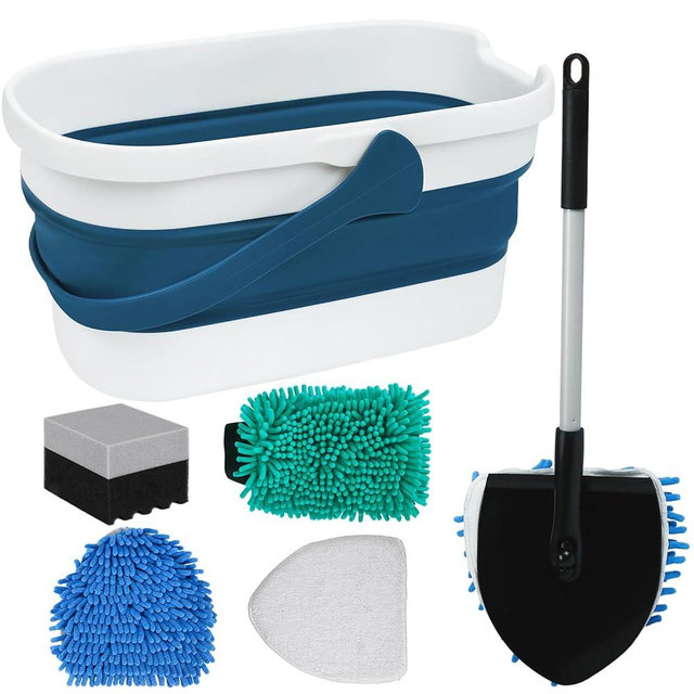 MAVRIZ Car Wash Kit with Bucket Portable Car Detailing Kit with Foldable Bucket, Chenille Wash Mitt, Tire Dressing Applicator Pad, Car Window Cleaning Tool with 2 Replacement Pads