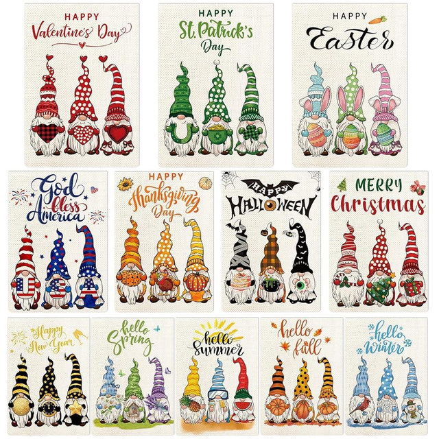 YOVOYOA Gnomes Seasonal Garden Flags Set of 12, All Seasons and Holidays, Burlap, 12x18 inch, Double Sided, Fade Resistant, Outdoor Decor