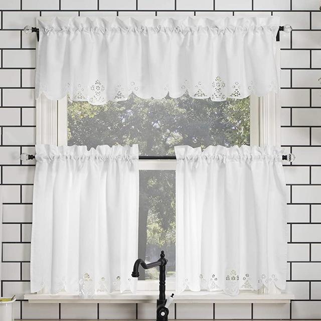 No. 918 Mariela Floral Trim Semi-Sheer Rod Pocket Kitchen Curtain Valance and Tiers Set, 58" x 24" 3-Piece, White
