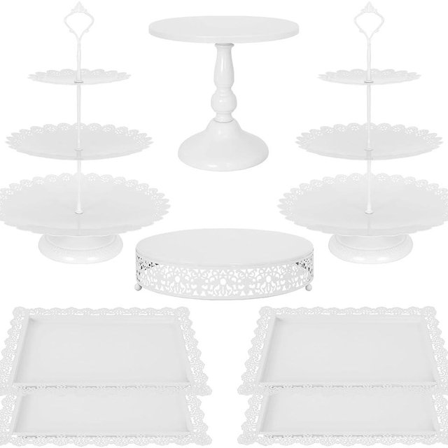 Fivenl 8 Pcs Cake Stand White Metal Dessert Table Display Set, 3-Tier Cupcake Stand, Cake Display Tower and Cookie Tray Rack Serving Tray for Birthday Party, Weddings, Baby Shower (White)