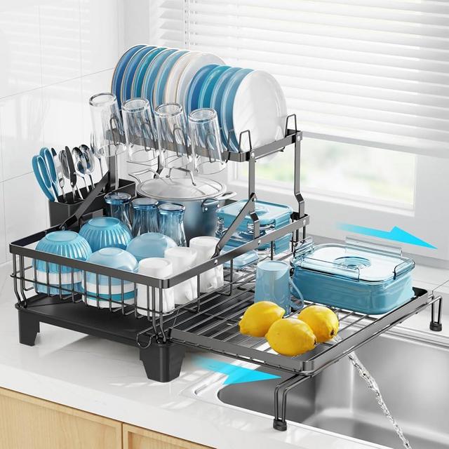 GSlife Large Dish Drying Rack - Extendable 2-in-1 Dish Racks for Kitchen Counter or Over Sink, 2 Tier Dish Drainer with Drainboard, Cups Holder and Utensil Holder, Black