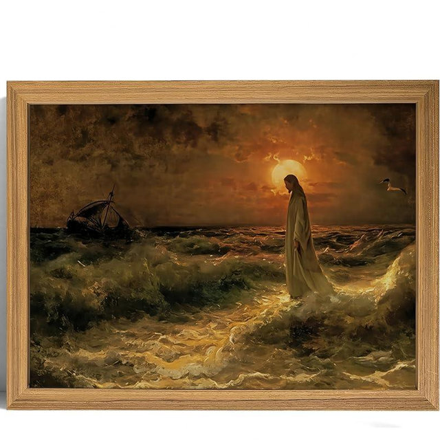Jesus Walking on Water Wall Art – Christian Religious Canvas Print, Sunset Ocean Biblical Painting,Biblical Scene Home & Church posterFaith & Spiritual Home Decor, for Living Room, Bedroom, Church,Wood Frame 12x16in