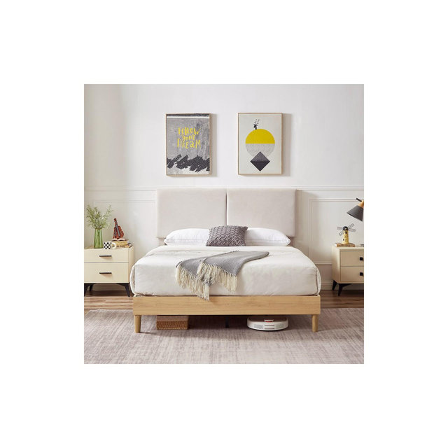 VECELO Platform Bed Frame Upholstered Beds with Height-Adjustable Cotton and Linen Headboard, Bed Frame Beige Full Bed