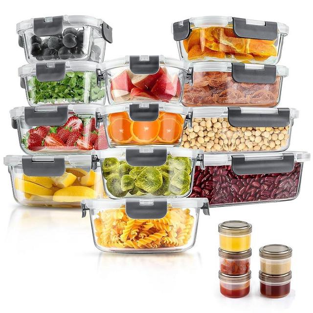 34pcs Glass Food Storage Containers with Lids Set, Airtight Glass Meal Prep Containers (17 Containers & 17 Lids),Leak Proof Lunch Containers BPA-Free, Microwave, Oven, Freezer, Dishwasher,Grey