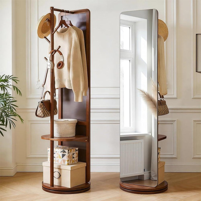 Vipuno 69x19 Solid Wood Full Length Mirror with Coat Rack, Standing Rotating Mirror Organizer for Entryway Bedroom