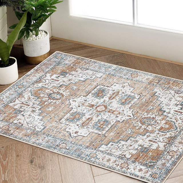 jinchan Area Rug 2x3 Entryway Persian Rug Vintage Indoor Door Mat Orange Kitchen Rug Thin Rug Chenille Floral Print Accent Rug Retro Non Slip Carpet Living Room Bedroom Dining Room