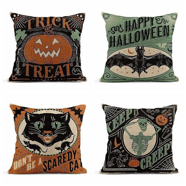 rouihot Set of 4 Linen Throw Pillow Covers 18x18 Inch Vintage Halloween Scaredy Cats Pumpkins Skeletons Home Decor Pillowcase Square Cushion Covers for Sofa Bed Couch