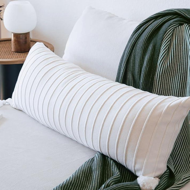 Lumi Living 100% Soft Cotton Raised Stripes Textured Rib Knit Lumbar Throw Pillow Cover with Tassels 14x36 (Soft White)