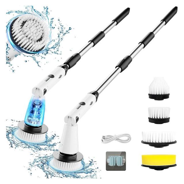 Swtroom Electric Spin Scrubber - Power Shower Cleaning Brush with Extendable Handle & 4 Brush Heads for Bathrooms Window and Floor White/Black