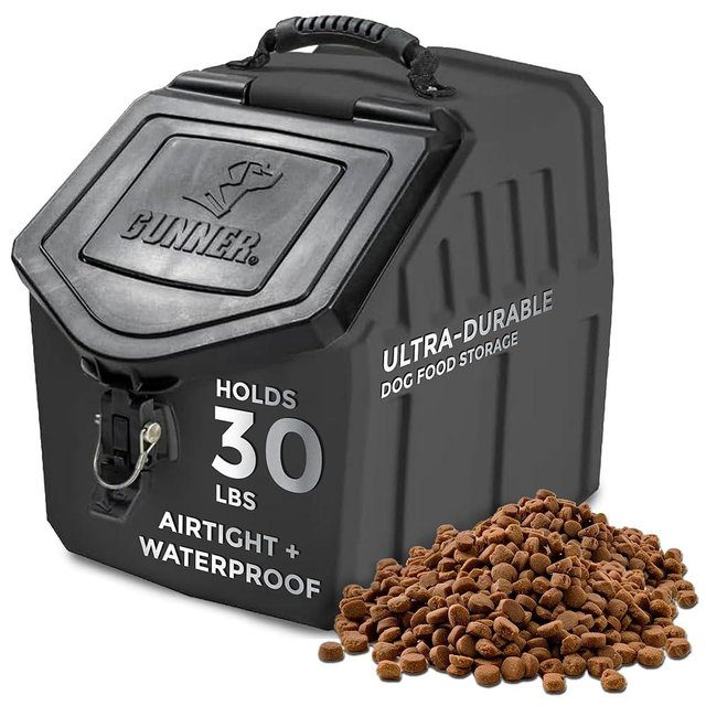 GUNNER 30 lbs Dog Food Storage Container - Waterproof & Airtight Pet Food Bin - Multi-Purpose Container for Dry Food, Corn, Chicken Feed, Treats, Bird Seed, & More - Black